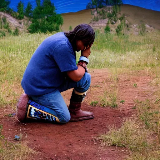 Image similar to native american kneeling down looking at the ground, looks like pixar movie, detailed