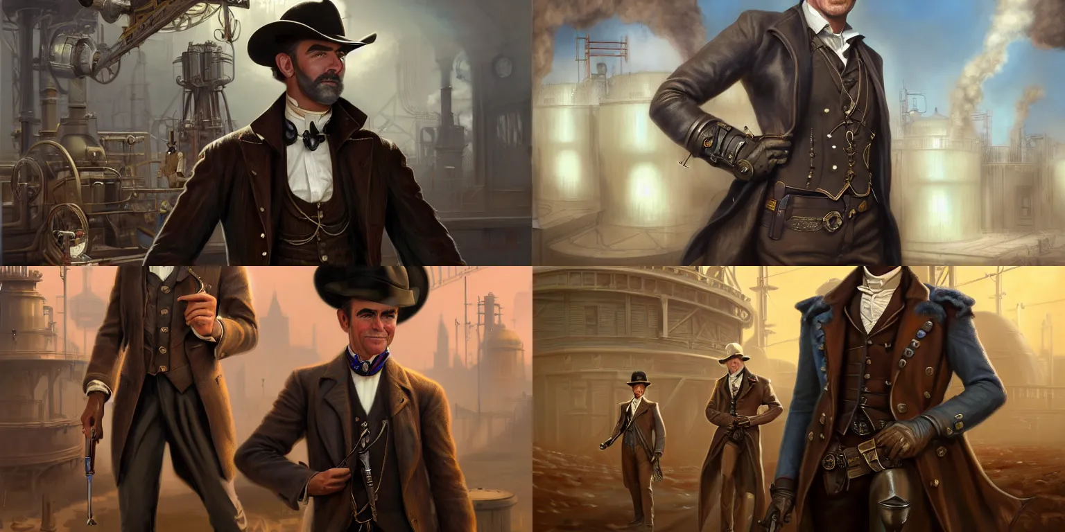 Prompt: full-length portrait of a noble gunslinger gentleman young Sean Connery in hat in the center, holding arms on holsters , matte painting of steam turbines machines aircrafts on background, by tyler edlin and lindsey look, victorian, concept art, steam romance, steam-punk illustration, detailed, 4k resolution, trending on artstation