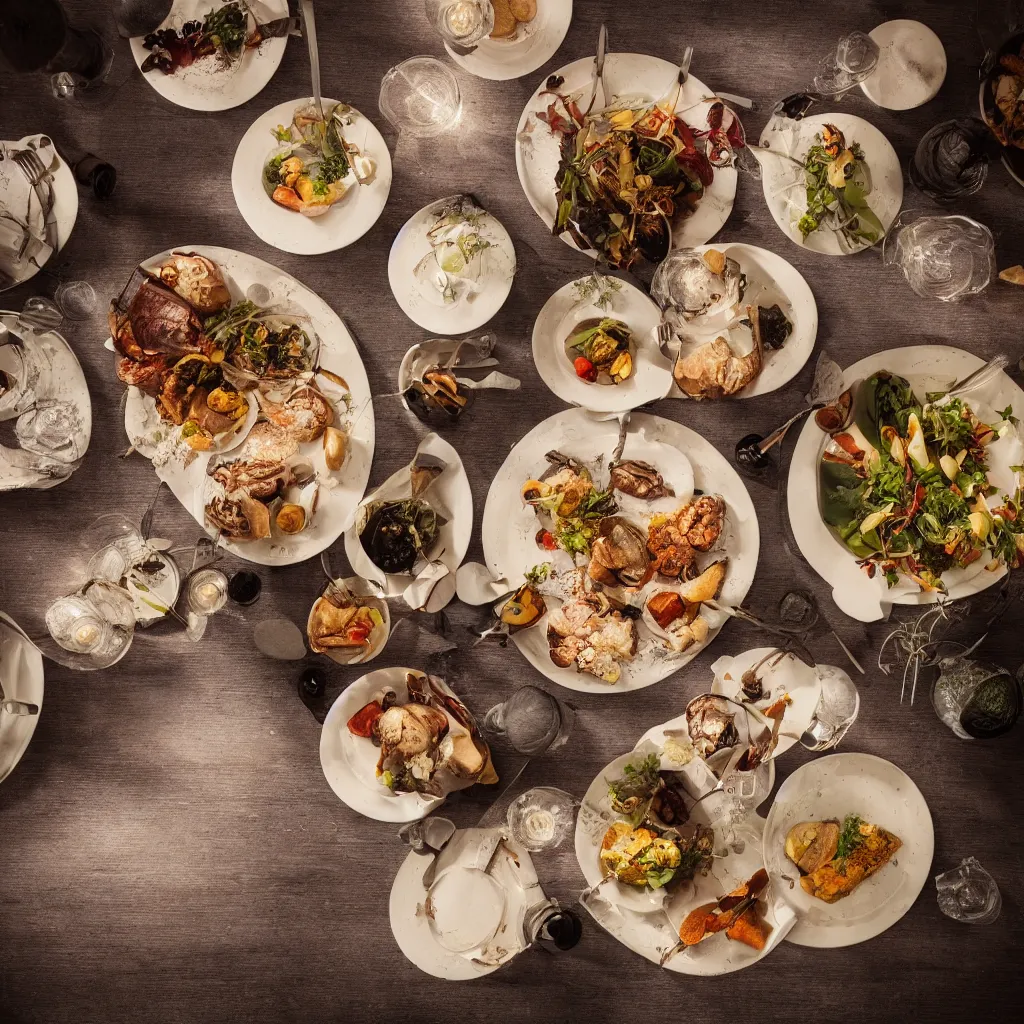 Image similar to afine dining dinner on a table, dynamic lighting, bokeh, carl zeiss 8 5 mm vintage lens, hyper realistic, award winning food photography