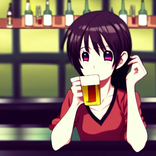 Image similar to Wholesome and masculine looking anime girl at a bar drinking a beer, warm glow from the lights, angle that looks up at her from below, deviantart, pixiv, detailed face, smug appearance, beautiful anime, obviously drunk with reddish cheeks, detailed anime eyes with pupils, in the style of 90s anime