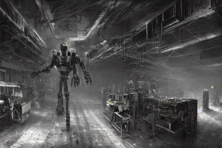 Prompt: volumetric coherent gloomy colossal ruined server room in datacenter by eddie mendoza blender robot figure automata headless drone robot knight welder posing pacing fixing soldering mono sharp focus, emitting diodes, smoke, artillery, sparks, racks, system unit, motherboard, by rutkowski artstation hyperrealism cinematic dramatic painting concept art of detailed character design matte painting