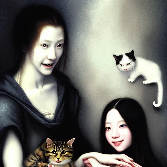 Image similar to renaissance portrait of the secretive vampire girl loner smiling at her cat, by yoshitaka amano, casey baugh, steve caldwell, gottfried helnwein, yasunari ikenaga, nico tanigawa, and artgerm rendered with 3 d effect.