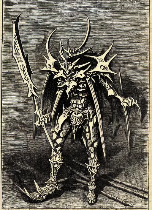 Image similar to illustration of metal wargraymon as a demon from the dictionarre infernal, etching by louis le breton, 1 8 6 9, 1 2 0 0 dpi scan, ultrasharp detail, clean scan