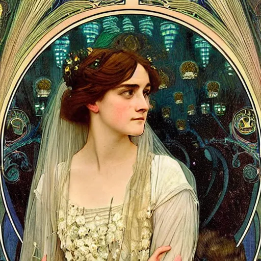 Image similar to a detailed, intricate art nouveau portrait poster of a young bride who resembles a teenage saoirse ronan and emma watson in a white bridal gown, in a garden of fireflies and glowing lanterns at night, by alphonse mucha, and john william waterhouse