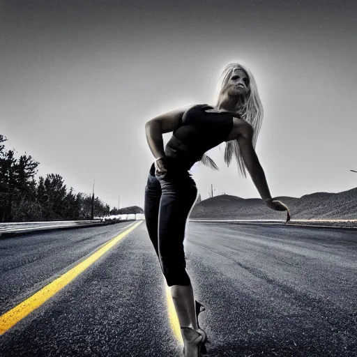 Prompt: car, bodybuilder, woman, holding, road, photo, digital art, hands, underbody, tire, standing, side