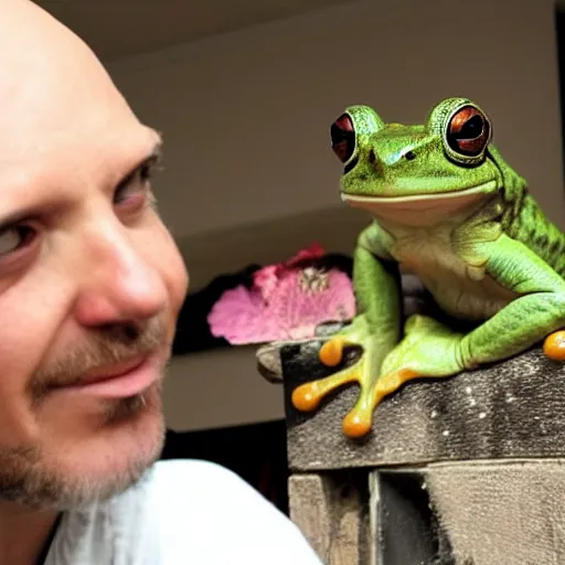 Image similar to photo of a frog man talking with his cat