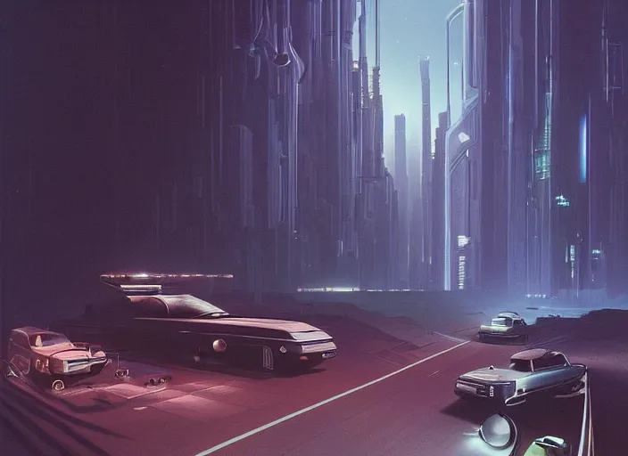 Image similar to a car driving down a street next to tall Forest-1 the night, cyberpunk art by Chesley Bonestell, cgsociety, retrofuturism, matte painting, reimagined by industrial light and magic