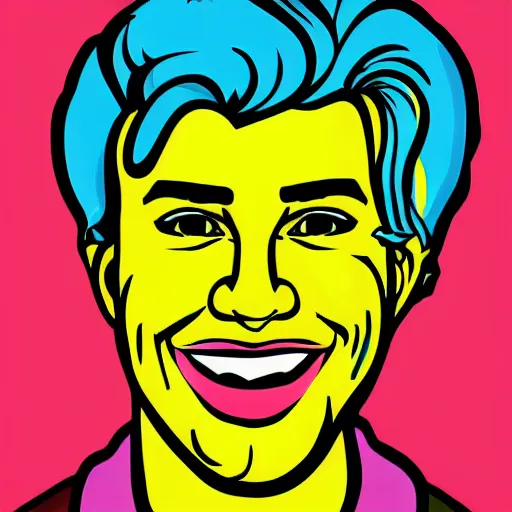 Prompt: handsome male, big chin, smile, colorful pop art style, cartoon style