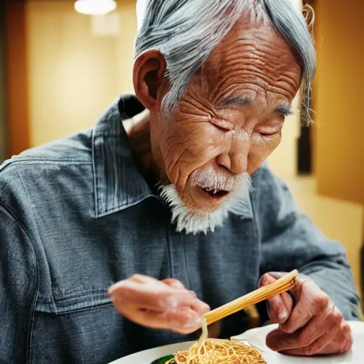 Image similar to an old japanese man eating ramen noodles in a restaurant, photorealistic