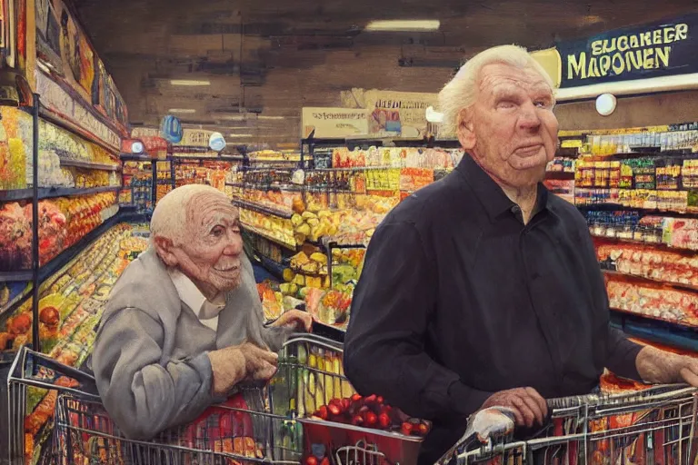 Image similar to john madden as a contestant on supermarket sweep, old elder expressive male face, grocery store, ethereal details, night, cinematic lighting, hyper - detailed, maximalist, trending on artstation, cgsociety, 8 k, high resolution, in the style of faiza maghni, david ligare, flora borsi, daniel gerhartz, elena masci