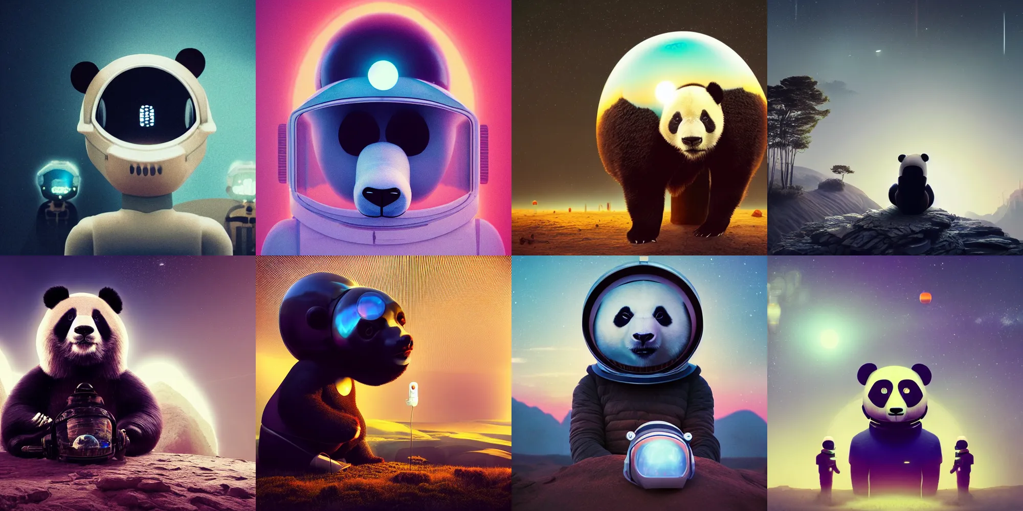 Image similar to beautiful dark landscape, panda bear wearing a space helmet standing looking at a giant cyborg robot panda bear head, in the style of beeple and Mike Winkelmann, photo real, ultra realistic, intricate, epic lighting, 8k resolution,