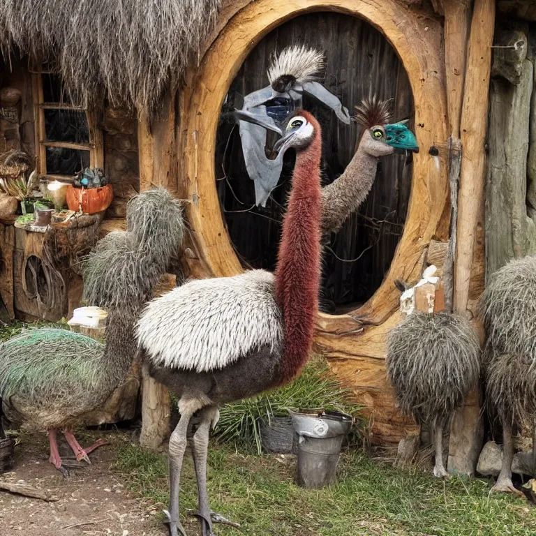 Prompt: an emu in the middle of a crowded hobbit tavern