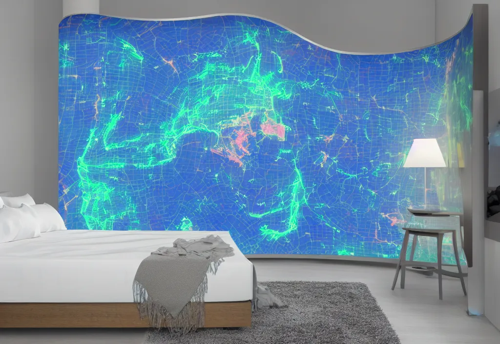 Prompt: curved translucent bedsheets projecting detailed holographic florida storm weathermap, pixel perfect photograph, high contrast, volumetric lighting, thin glowing lights, bedroom, visor, users, pair of keycards on table