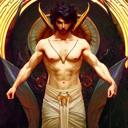 Prompt: attractive male deity, casting dark magic, summoning handsome lucifer morningstar, highly detailed painting by artgerm and greg rutkowski and alphonse mucha