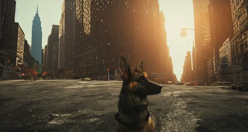 Image similar to the german shepherd of i am legend in new york, comic style of max payne, octane render, unreal engine, sundown, empty streets