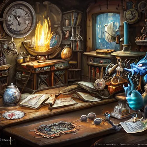 Prompt: hyper realistic, tony sart, table, wizards laboratory, mortar, pestle, scales, magic book, beaker, energy