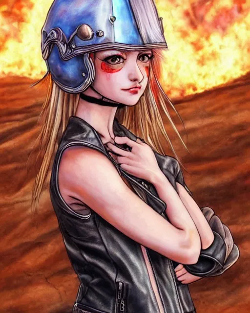 Image similar to lili from tekken, ultradetailed beautiful panting of lili rochefort from tekken in post apocalyptic road with motorbike in half - opened leather jacket with helmet in front of burning desert, anatomically correct, pretty face, high detailed face!!!, by harumi hironaka