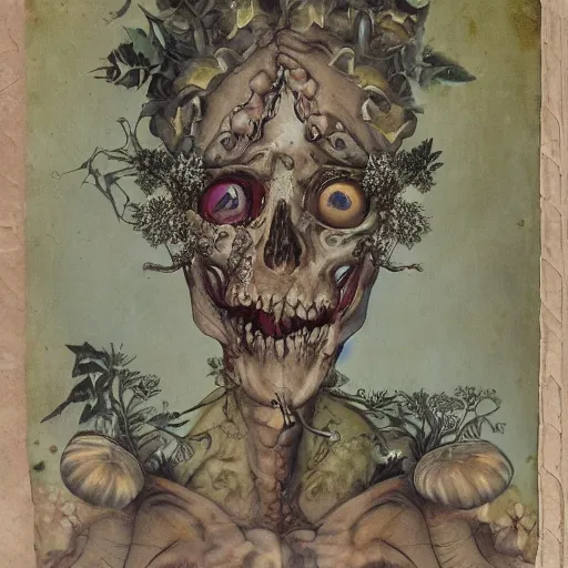 Prompt: a beautiful detailed front view baroque portrait of a rotten woman corpse becoming a skull with fractal plants and fractal flowers and mushrooms growing around, volumetric light, beautiful lit, polaroid photography