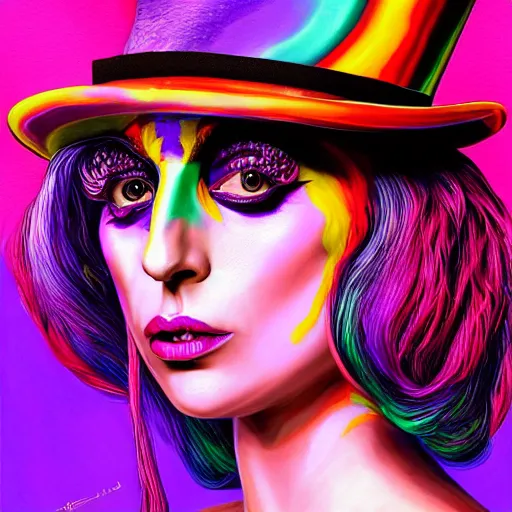 Prompt: an extremely psychedelic portrait of lady gaga as willy wonka, surreal, lsd, face, detailed, intricate, elegant, lithe, highly detailed, digital painting, artstation, concept art, smooth, sharp focus, illustration,