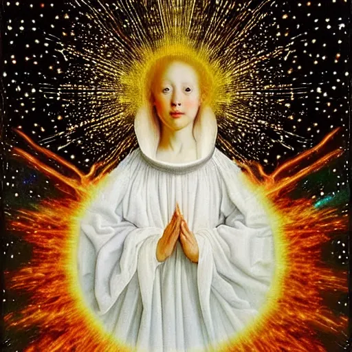 Image similar to highdetailed hyperrealistic of white angel!!! giant ball of miracle light from the chest!!!!!, white sparkles everywhere, lot of fire and stars overhead!!!, by jan van eyck, holography space, glow effect, large strokes, clean lines, white monocolor, oil painting