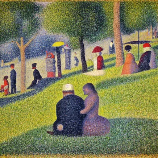 Prompt: A Sunday Afternoon on Primrose Hill, Overlooking London. An overweight, partially bald, middle aged man with a scruffy beard shares a loving embrace with a thin girl. Pointillist painting by Georges Seurat.