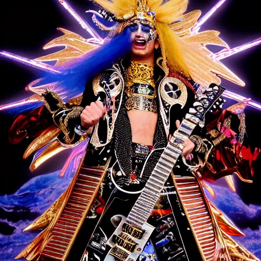 Image similar to uhd photorealistic detailed image of max voltage, the rock and roll emperor, dressed as a hair metal emperor, powering up, wearing extremely intricate rock and roll emperor costume and emperor makeup, with an emperor's electric guitar, by ayami kojima, amano, and karol bak