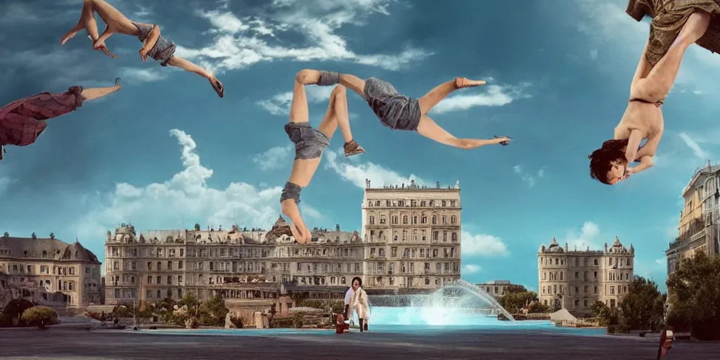 Image similar to a very high resolution image from a new movie, upside - down building and fountain, beautiful scenery, photorealistic, photography, directed by wes anderson