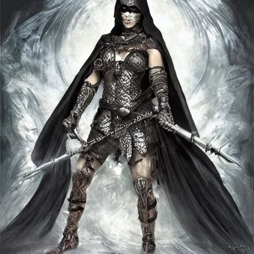 Image similar to a warrior woman in a hooded dark robe with her face is covered in a chain - mail veil, facing forward, standing in a fighting stance holding a long staff in her hands, intricate, elegant, highly detailed, smooth, sharp focus, detailed face, high contrast, graphic novel, art by ardian syaf and pepe larraz,