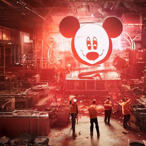 Prompt: a giant mickey mouse head, factory floor, surrounded by factory workers, octane render, cgstation, 3 d render, very detailed, mindblowing, blood and guts, gritty, cyberpunk, cinematic lighting, hyper realism