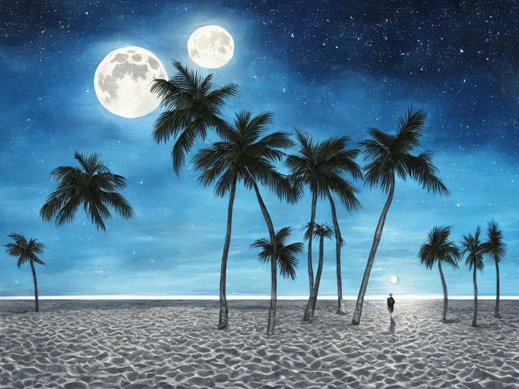 Image similar to night on a summer miami city beach, palm trees, footprints in the sand, full moon reflected in the calm ocean, starry sky 8 k, ultra detailed, trending on artstation, digital painting