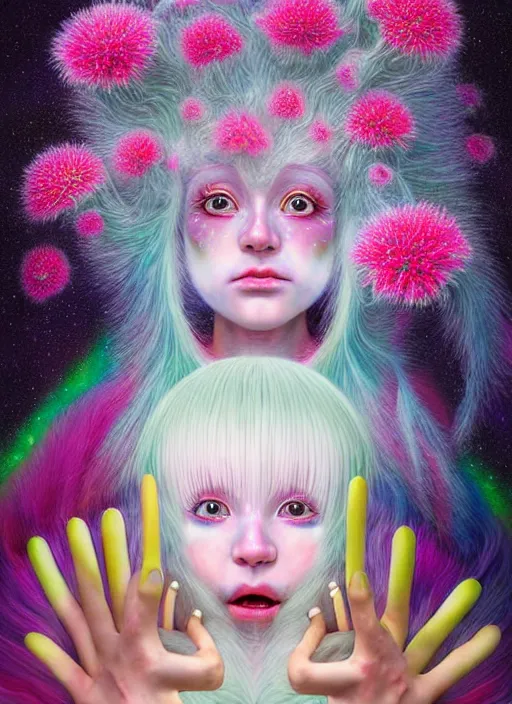 Image similar to hyper detailed 3d render like a Oil painting - kawaii portrait Aurora (white haired Singer Weasle) seen Eating of the Strangling network of yellowcake aerochrome and milky Fruit and Her delicate Hands hold of gossamer polyp blossoms bring iridescent fungal flowers whose spores black the foolish stars by Jacek Yerka, Mariusz Lewandowski, Houdini algorithmic generative render, Abstract brush strokes, Masterpiece, Edward Hopper and James Gilleard, Zdzislaw Beksinski, Mark Ryden, Wolfgang Lettl, hints of Yayoi Kasuma, octane render, 8k