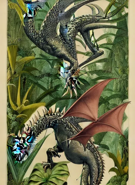 Image similar to game of thrones dragon in a tropical forest, john james audubon, ernst haeckel, intaglio, sharp focus