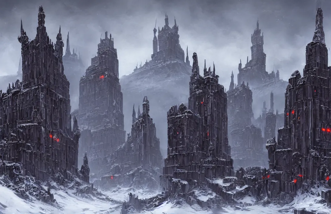 Image similar to The capital of a warhammer 40k imperial russian citadel, sci fi, located in the frozen northern wastes, soviet tower blocks, neo gothic magnificence, foreboding black steel exterior, snow capped mountains, fantasy, highly detailed, digital painting, artstation, concept art, illustration, art by Bayard Wu and Marc Simonetti and Diego Gisbert Llorens