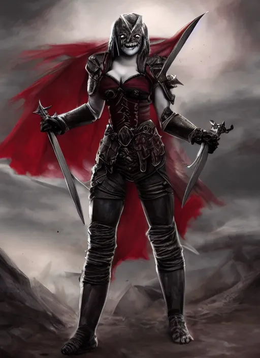 Prompt: female vampire warrior, full body portrait, sharp teeth, grinning, muscular, flying, barefoot, no shoes, exposed feet, black full plate armor, historical armor, realistic armor, covered chest, metal mask, giant two - handed sword dripping blood, realistic, dungeons and dragons.