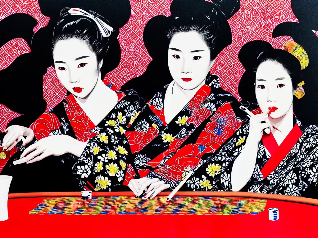 Image similar to hyperrealism composition of the detailed woman in a japanese kimono sitting at an extremely detailed poker table with darth vader, fireworks and folding screen on the background, pop - art style, jacky tsai style, andy warhol style, acrylic on canvas