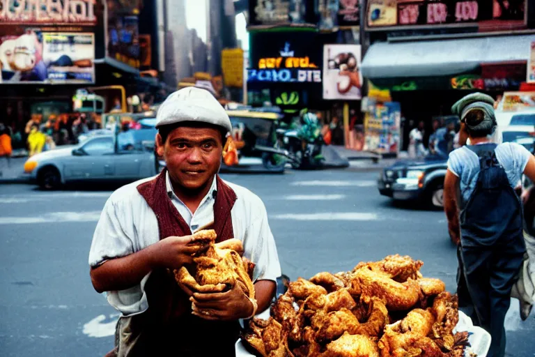 Image similar to closeup potrait of Shrek selling chicken in a new York street, natural light, sharp, detailed face, magazine, press, photo, Steve McCurry, David Lazar, Canon, Nikon, focus