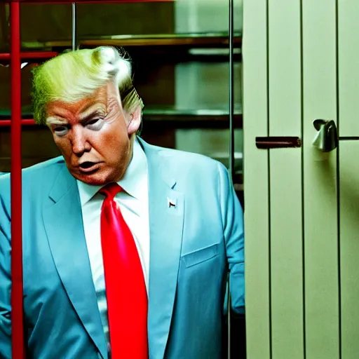 Image similar to candid color photo of Donald Trump being bullied in his jail cell . photo for Vanity Fair