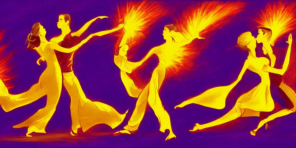 Image similar to The sun is exploding while Latino Cubans Dancers Salsa Dancing Gesture draw by Stanley Artgerm Lau, sun exploding on the background, Gesture draw, Salsa Social Dance, couple, lady using yellow dress, guy using the purple fancy suit, Salsa tricks, explosive background, WLOP, Rossdraws, Gesture draw, James Jean, Andrei Riabovitchev, Marc Simonetti, and Sakimichan, trending on artstation