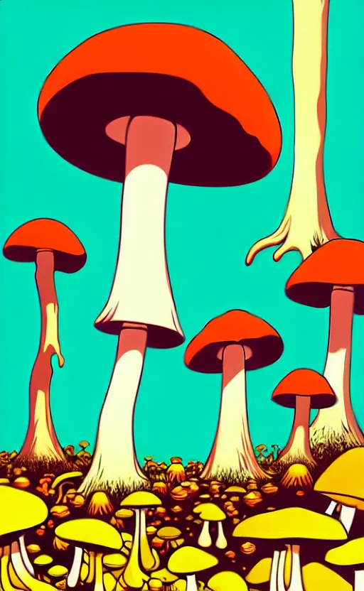 Image similar to psychedelic mushrooms wide angle shot, white background, vector art, illustration by frank frazetta