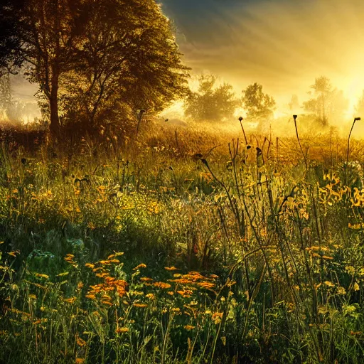 Prompt: beautiful meadow invading a burnt out dirty industrial complex, early morning light, an abundance of flowers and butterflies, cinematic light, god rays, fantasy landscape,