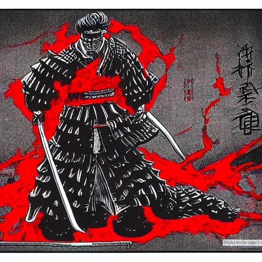 Prompt: Samurai by Kentaro Miura, horror, black and red color scheme