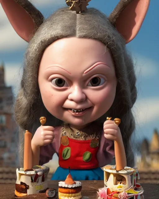 Image similar to highly detailed closeup, face profile portrait of a tin toy greta thunberg as a medieval goblin eating cakes in a castle, bikini, depth of field, nicoletta ceccoli, mark ryden, lostfish, dan decarlo, bob clampett, max fleischer, detailed and intricate environment, 8 k resolution, hyperrealistic, octane render