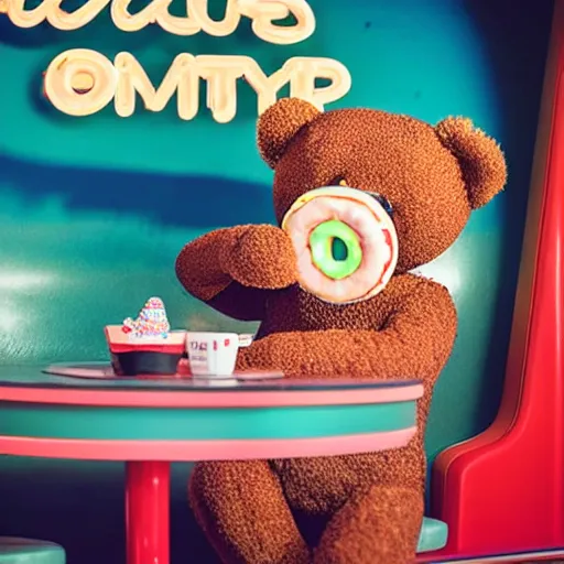 Prompt: a teddy bear eating a donut at a 1950s neon diner