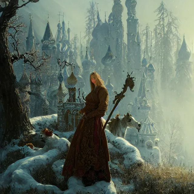 Image similar to russian folk fairytale, story, fable, dramatic, fantasy art, matte painting, an ultrafine detailed painting, academic art, ornate, inticate, elegant, sharp focus, artstation, by pavel korin, viktor vasnetsov, greg rutkowski