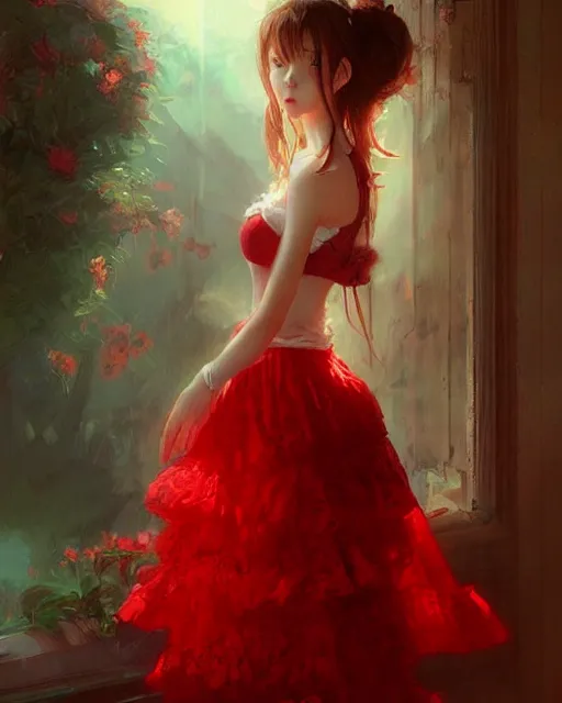 Image similar to aerith gainsborough in red lace skirt, portrait, illustration, rim light, top light, perfectly shaded, soft painting, art by krenz cushart and wenjun lin