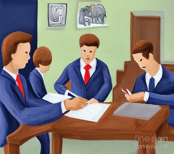 Prompt: cows applying for a mortgage signing documents in suits, digital painting,