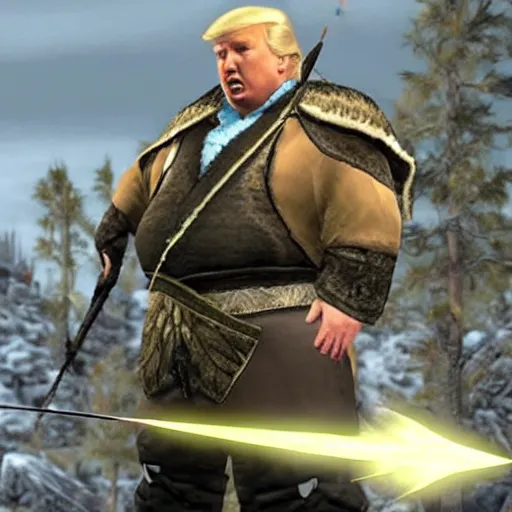 Image similar to fat Donald trump as a Skyrim character with an arrow shot through his knee
