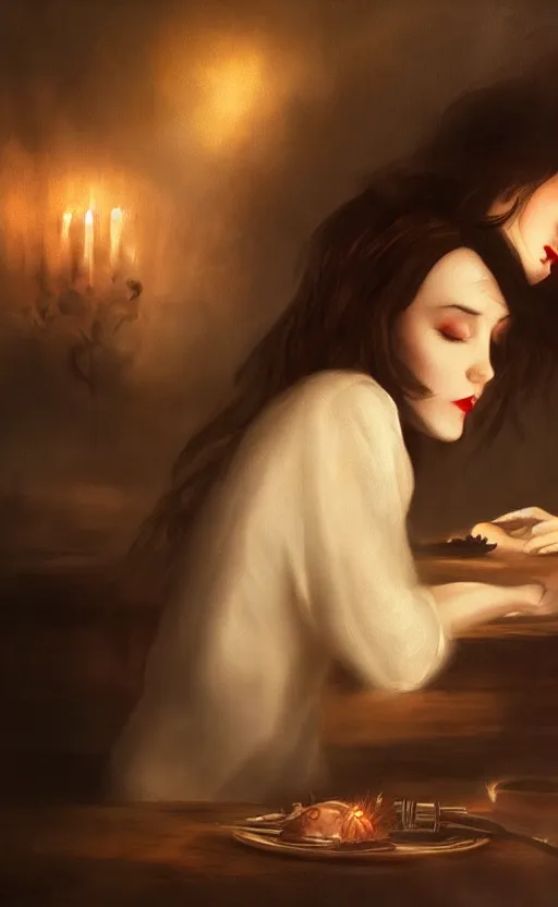 Prompt: a beautiful lady vampire falling asleep at a table, cinematic, art, epic, digital masterpiece, romantic lighting, pet hedgehog