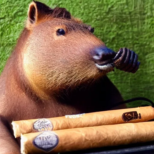 Image similar to smoking cigar, a man wearing a suit capybara head wearing a hat (smoking cigar)