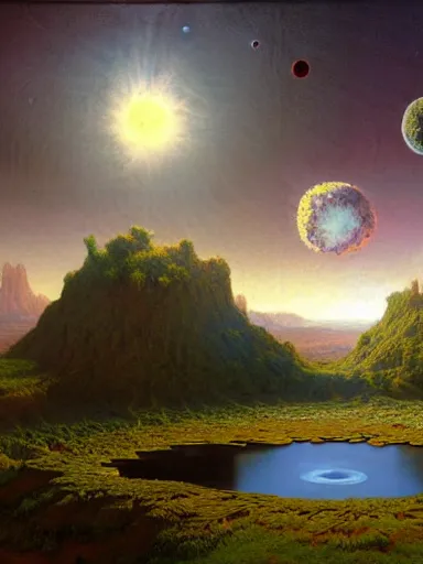 Prompt: Terraforming Jezero Crater, research outpost, a floating agricultural mini-planet, flora-lush-crater, desert background, aesthetic, by Albert Bierstadt in the style of Noah Bradley,